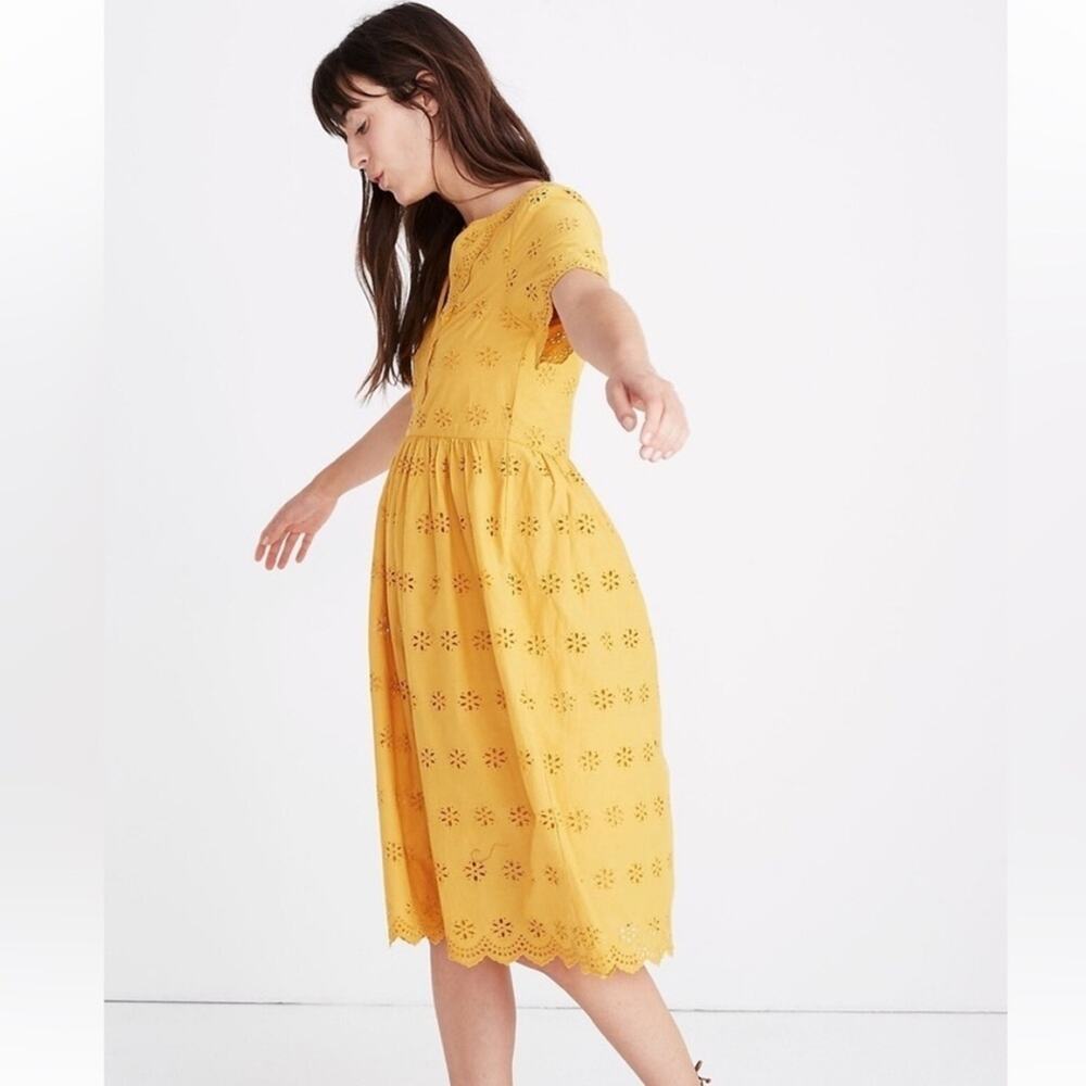 Madewell yellow eyelet scalloped hem dress 100% cotton bohemian boho mustard 4 - Picture 2 of 11